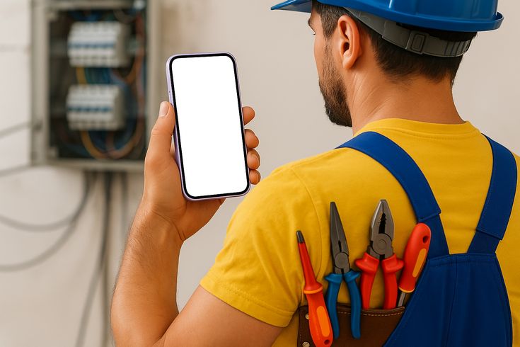 electrician holding purple phone with tools in pocket